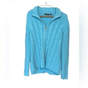 Ambersun Size L Turquoise Cable Knit Zip Cardigan Sweater Cotton Blend
